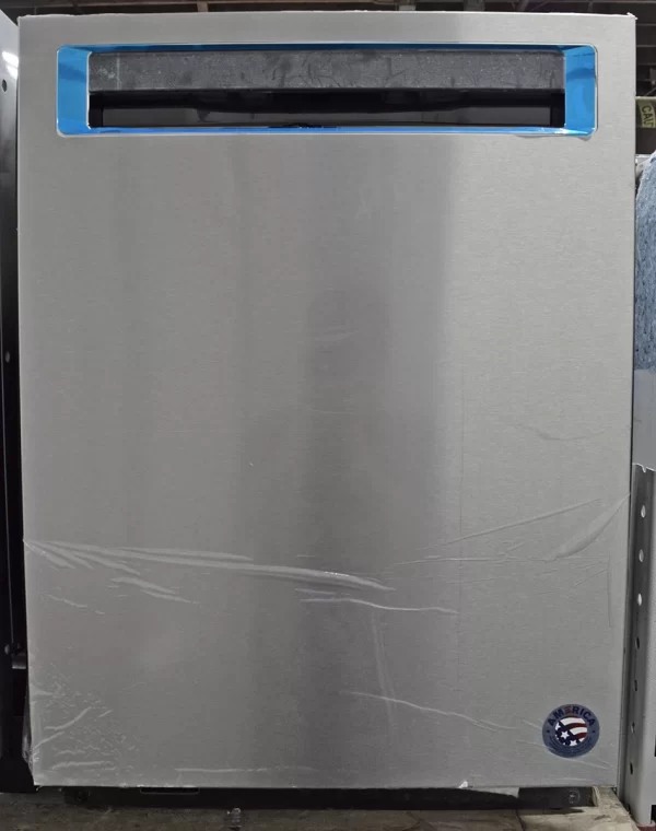A close-up of a brand new KitchenAid KDPM604KPS 24-inch Top Control Dishwasher FreeFlex Third Rack Stainless Steel door with protective film cover.