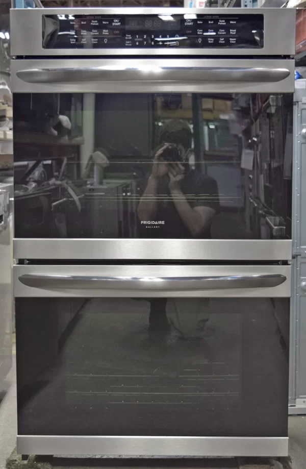 A close-up of a brand new Frigidaire Gallery Series FGET3066UF 30-Inch Electric Double Wall Oven