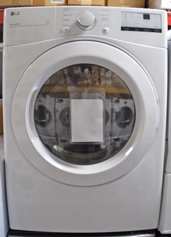 A close-up of a brand new LG DLE3400W 27-inch Electric Dryer with 7.4 Cu.Ft Capacity.