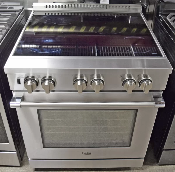 A close-up of a Beko PRIR34450SS 30-inch Professional Induction Range with Convection.