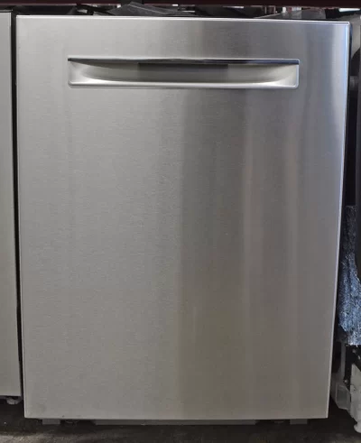 A close-up of a brand new Bosch 800 Series SHPM78Z55N 24-Inch Fully Integrated Dishwasher Pocket Handle.