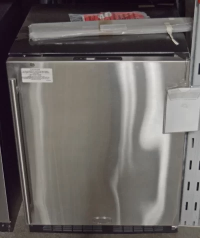 A close-up of a brand new Marvel MA24RAS1RS 24-Inch Built-in Undercounter Refrigerator's stainless steel door.