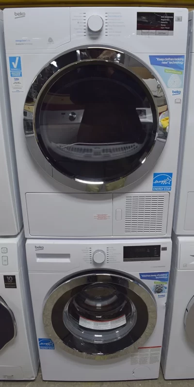 A close-up of a Beko HPD24412W 24 inches Ventless Electric Dryer and WMY10148C2 Washer.