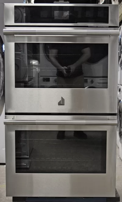 Front view of a brand new Jenn-Air Rise JJW2830IL 30-inch Electric Double Wall Oven with MultiMode Convection System.