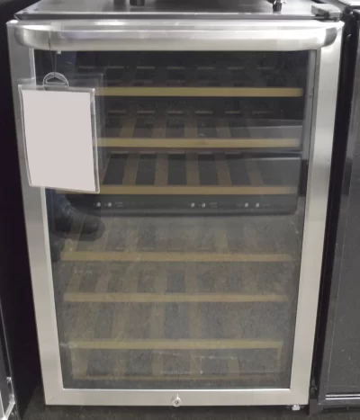 A close-up of a brand new Frigidaire FFWC3822QS 22-inch Freestanding Wine Cooler with 38-Bottle Capacity.