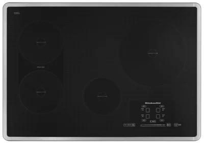 A close-up of a brand new Kitchenaid KICU509XSS Architect Series II 30-inch Induction cooktop.